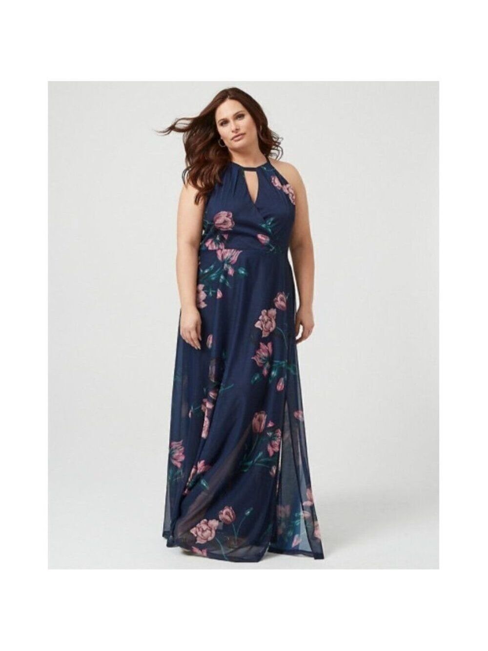 Women Le Chateau Floral Print Sheer Halter Neck Gown Size 1X